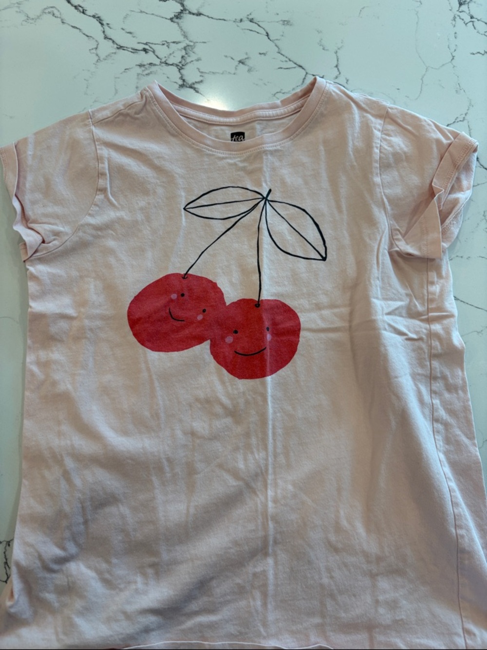 Tea Collection Pale Pink Short Sleeve Tee with Smiling Cherry Print